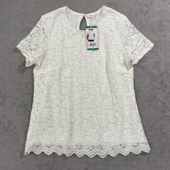 NEW Teddi Rose Women's XL Crewneck Short Sleeve Blouse-Lace Top - Picture 2 of 8
